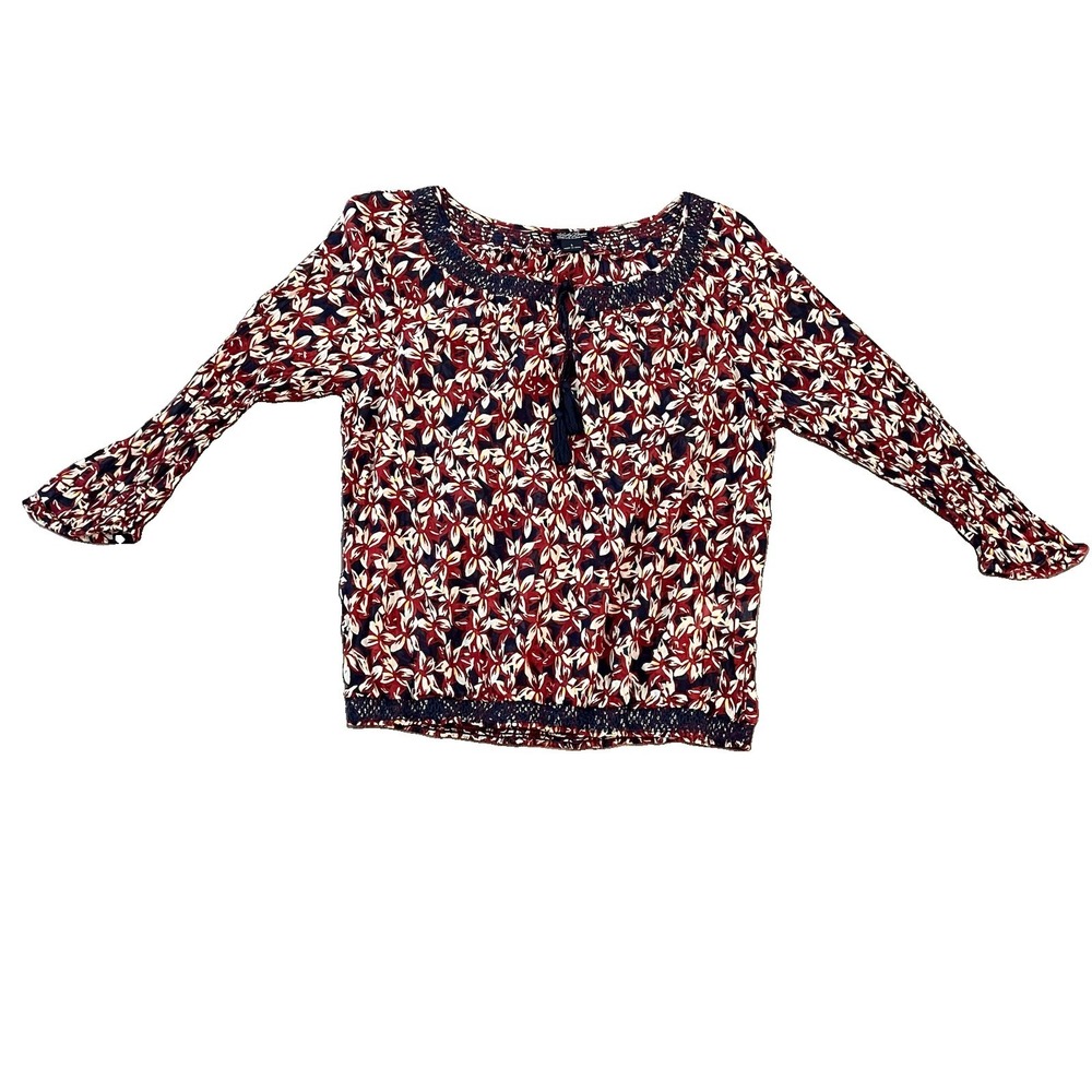 Lucky Brand Women's Peasant‎ Top Large Smocked Sheer With Tassels Red Blue